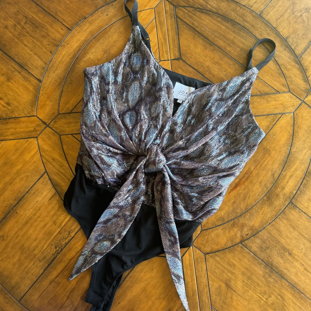 NWT Revolve JOA Sequin Peacock Print Tie Front Bodysuit
